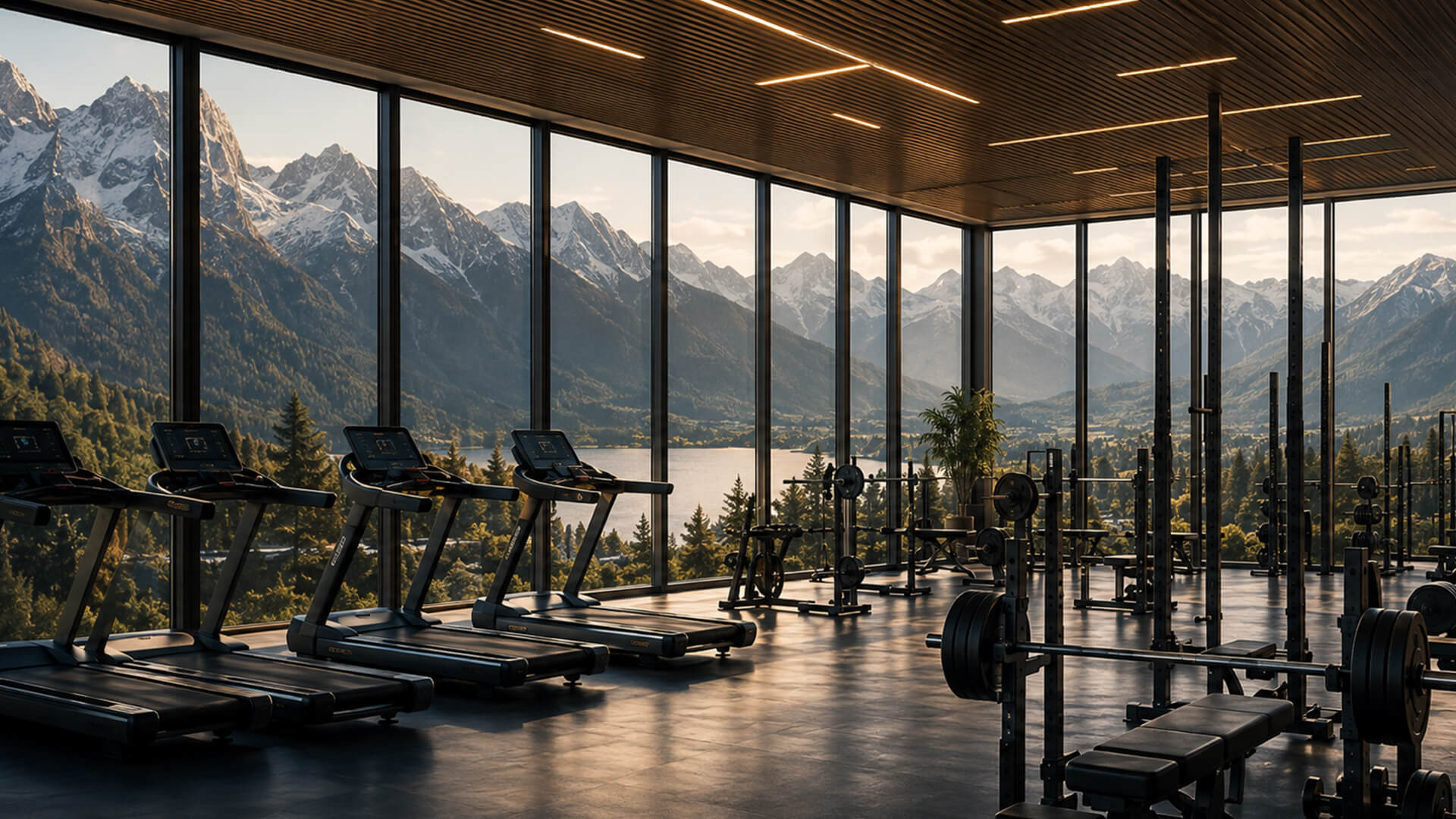 Modernes Fitnessstudio mit Bergblick